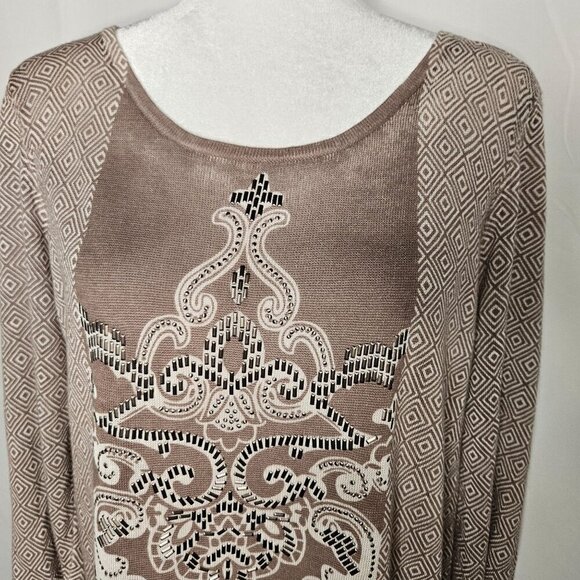 Chico's Tan 3/4 Tan Geometric Embellished Sweater Tunic Top Dress Size 2 Large - Picture 2 of 10